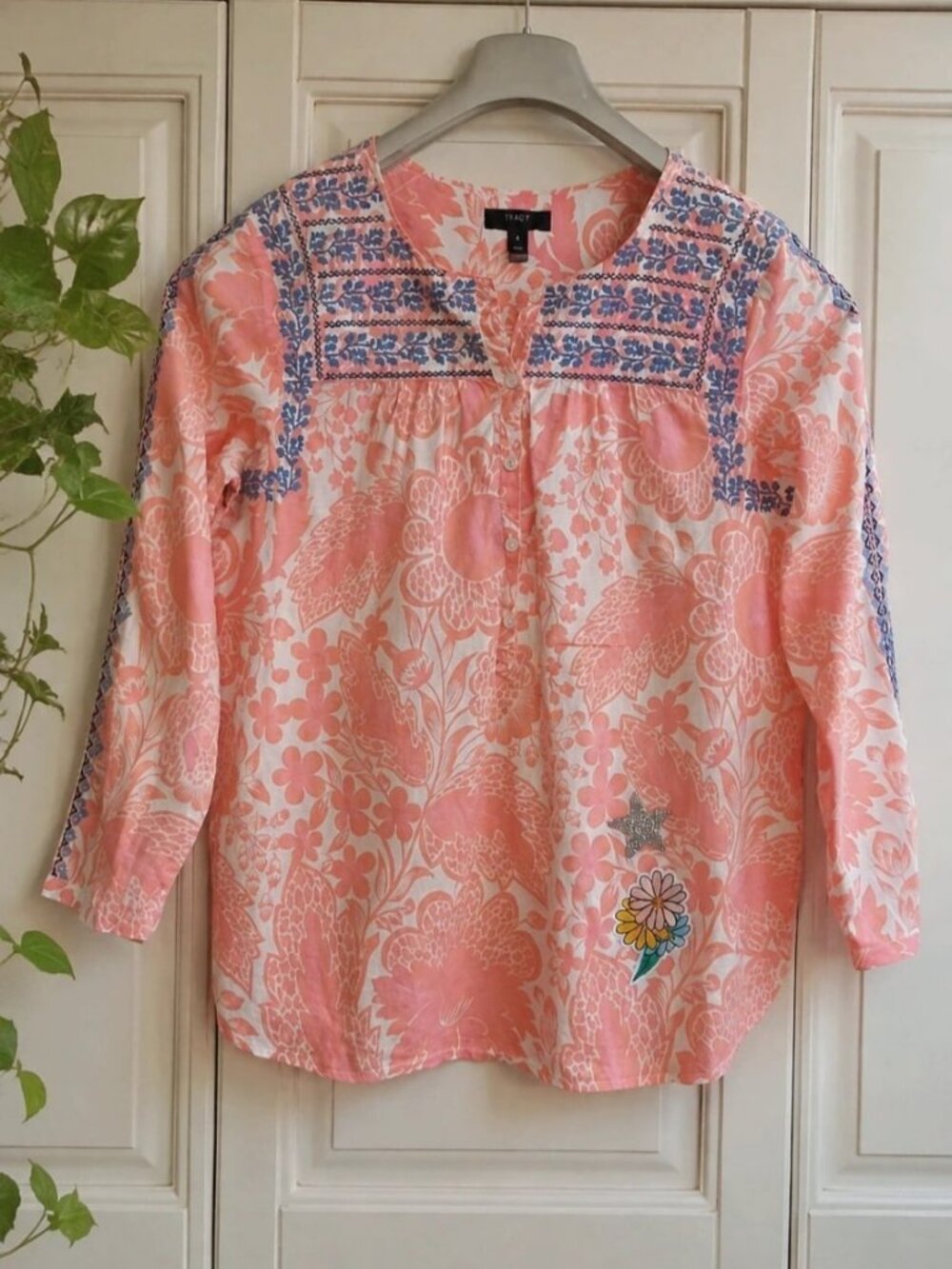 Pink Floral Print Embroidered Peasant Blouse Women’s US 6